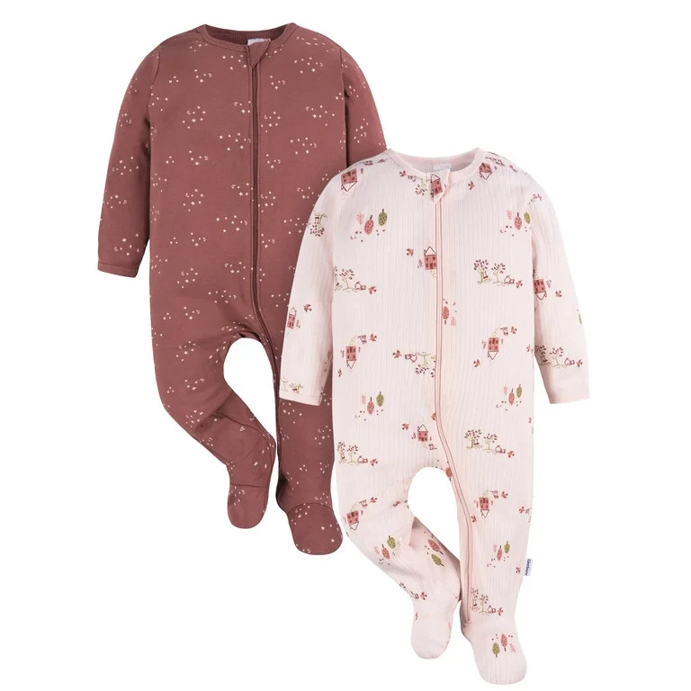Gerber Baby Girl Sleep´N Play Footed Cotton Pajamas, 2-Pack, Sizes Newborn - 3/6 Months | Walmart (US)