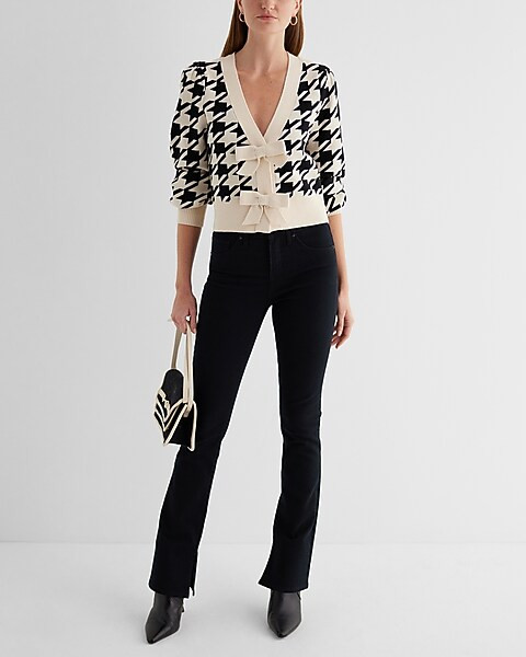 Houndstooth V-neck Bow Cardigan | Express