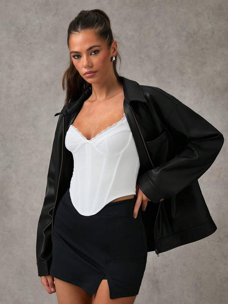 SHEIN BAE Women's Solid Color Dropped Shoulder Long Sleeve PU Leather Casual Loose Jacket, Spring Autumn Fall Women Jackets Winter Women Coat Red Burgundy Leather Jacket Fall Jackets Homecoming Leather Women Jacket Suitable For Traveling And Returning To School | SHEIN