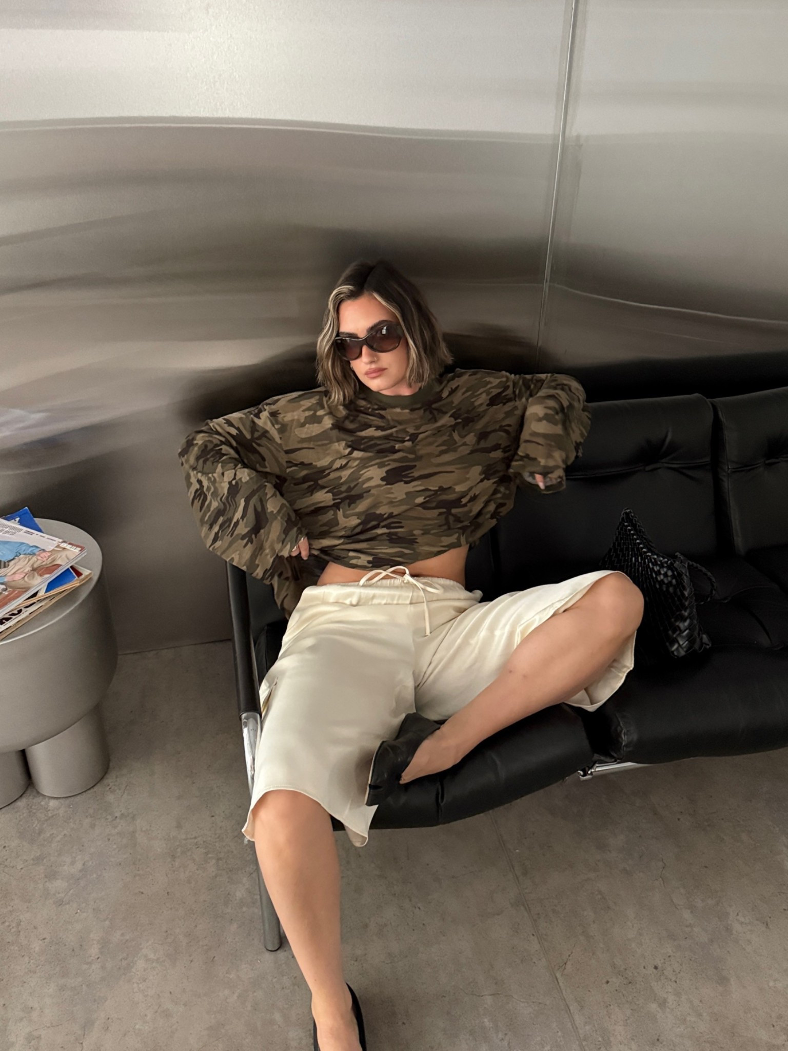 Camouflage top, long sleeve top, satin shorts, long shorts, Tabi ballet flats, oversized sunglasses

#LTKuk #LTKsummer #LTKeurope