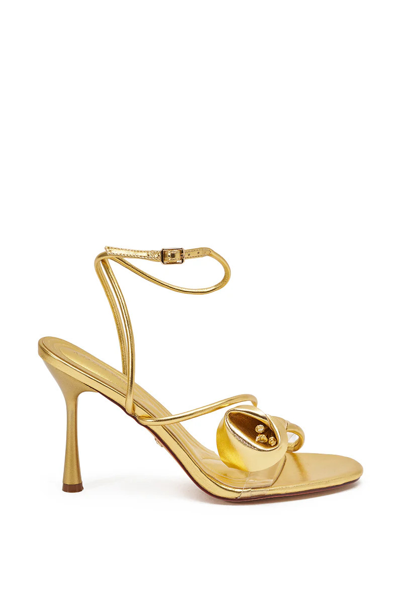AZALEA WANG NILO GOLD METALLIC FLORAL DECALE STRAP STILETTO SANDAL | AKIRA