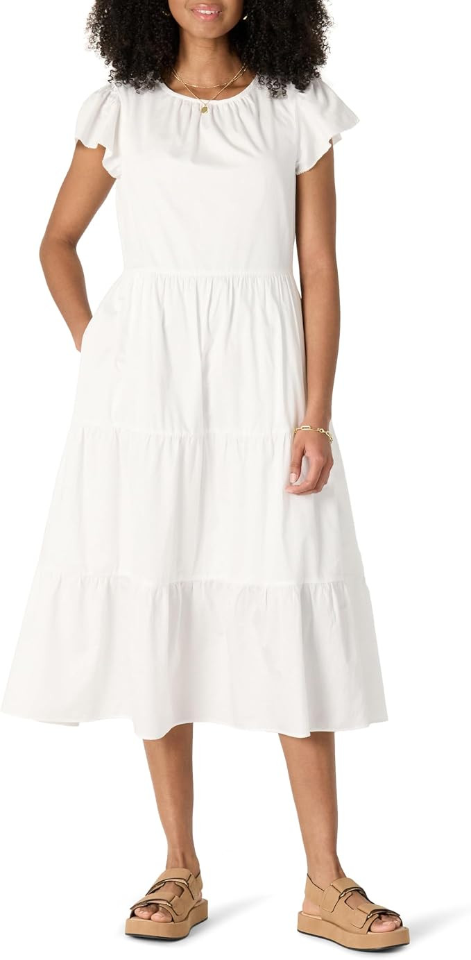 Amazon Essentials Women's Relaxed-Fit Cotton Sateen Crewneck Tiered Midi Dress | Amazon (US)
