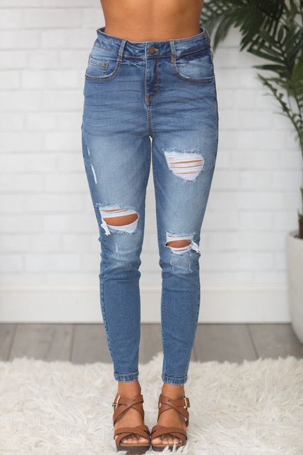 The Cassandra Medium Wash Distressed Jeans | The Pink Lily Boutique