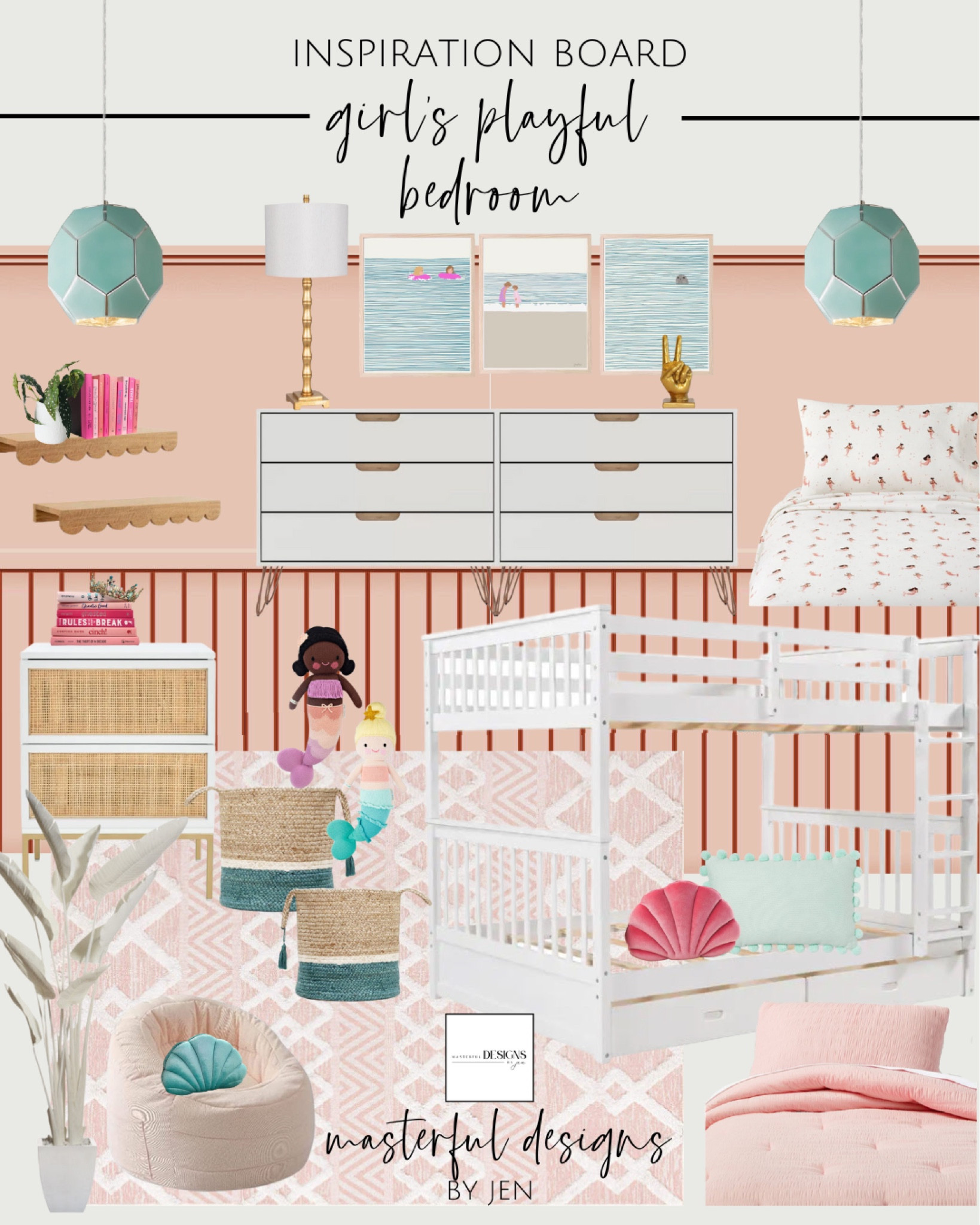 Girl’s Playful Bedroom #colorful #toddlergirlsbedroom #girlsbedroom #bunkbed #rug #mermaid #pink #teal #rattan #kidsfurniture #playroom #playful #vibrant #dresser #nightstand #sidetable #basket #bedding #kidsbedding #fauxplant #shelves #floatingshelves #scalloped #hanginglights #lighting #lighting #bed #kids #pillows #beachy 

#LTKkids #LTKhome #LTKFind