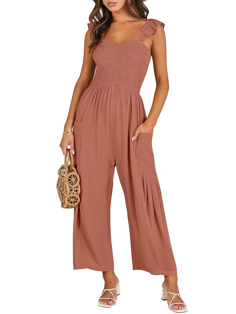 ANRABESS Women Summer Casual Dressy Sleeveless Smocked Wide Leg Linen Jumpsuits Rompers 2025 Tren... | Amazon (US)