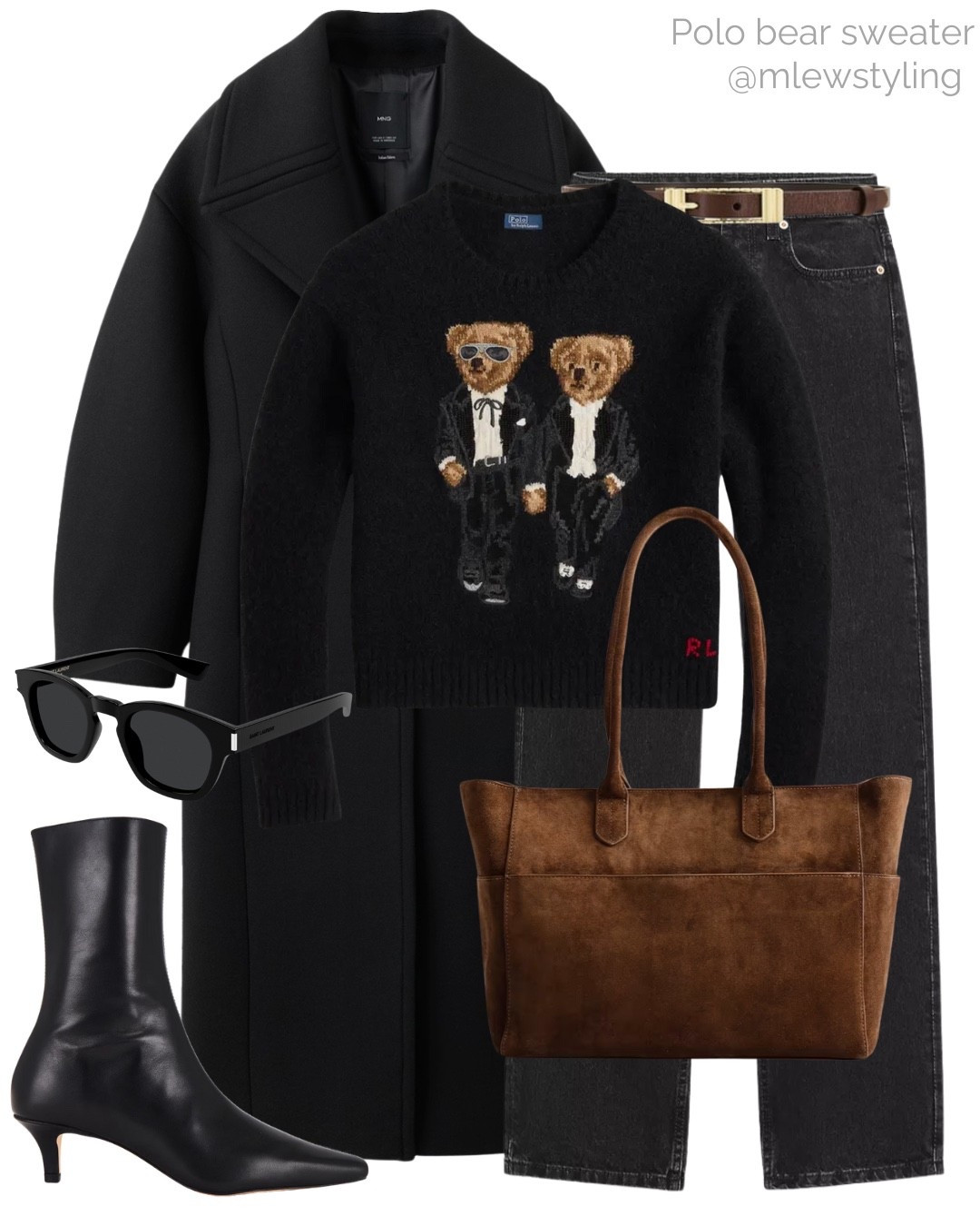 Chic winter outfit with a polo bear sweater 🖤

Tags: Ralph Lauren knit, brown suede tote, quince bag, black sunglasses, Mango wool coat, mom jeans, black denim, revolve leather kitten heel boots, neutral aesthetic, holiday outfit 

#LTKHoliday #LTKootd #LTKWorkwear