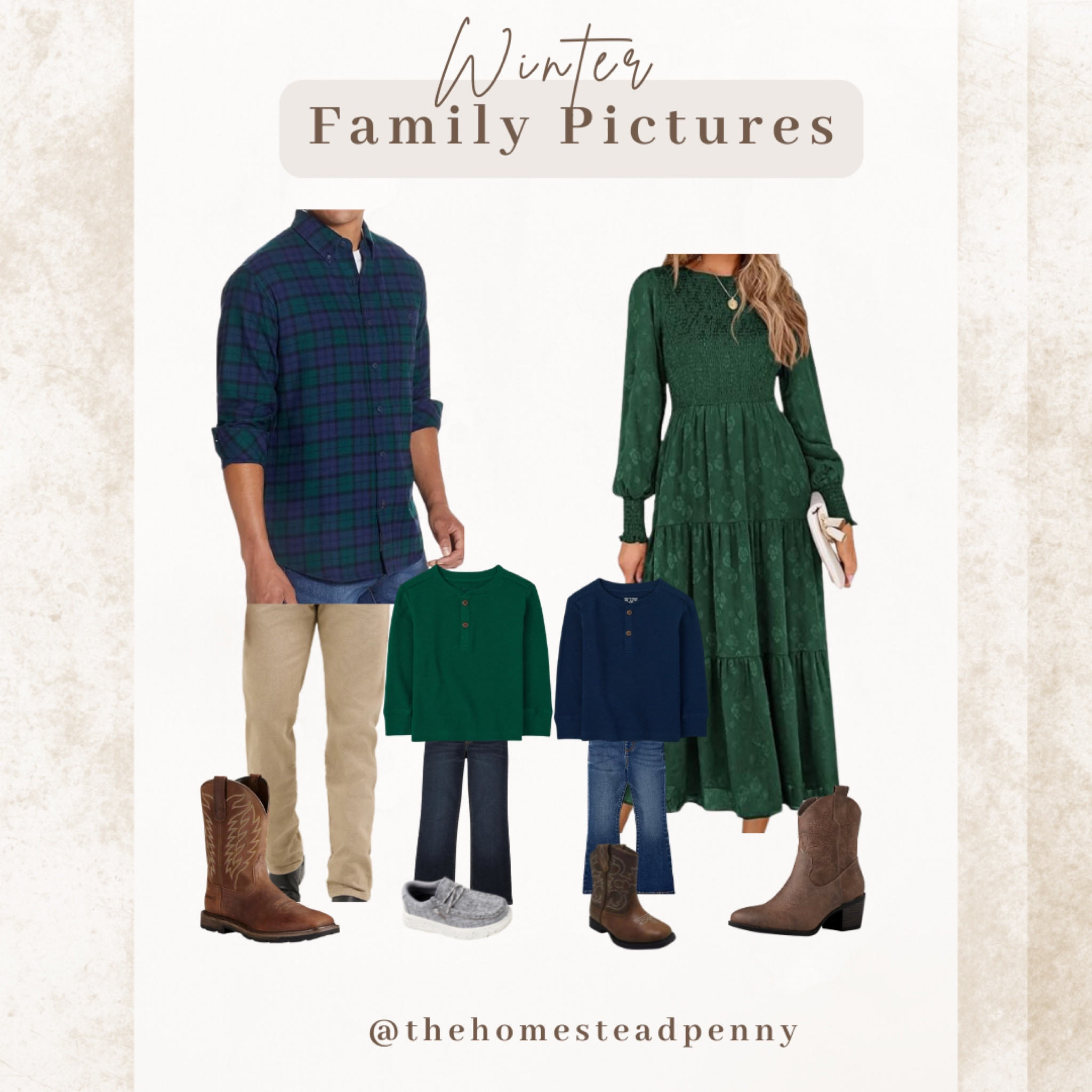 Plaid & joy family photo theme. Christmas outfit for a family of four with two toddler boys. Featuring navy, greens, and boots! 

#LTKFamily #LTKHoliday #LTKGiftGuide
