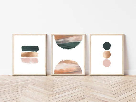 Set of Three Contemporary Wall Art | Blush, Gold & Green Shapes | Abstract Print | PRINTED POSTER... | Etsy (US)