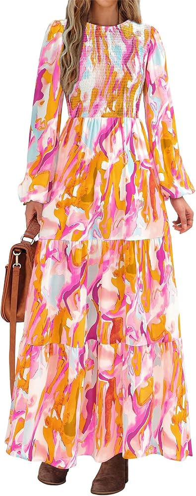 PRETTYGARDEN Women's Spring Dresses 2026 Long Sleeve Flowy Casual Floral Maxi Dress Crew Neck Smo... | Amazon (US)