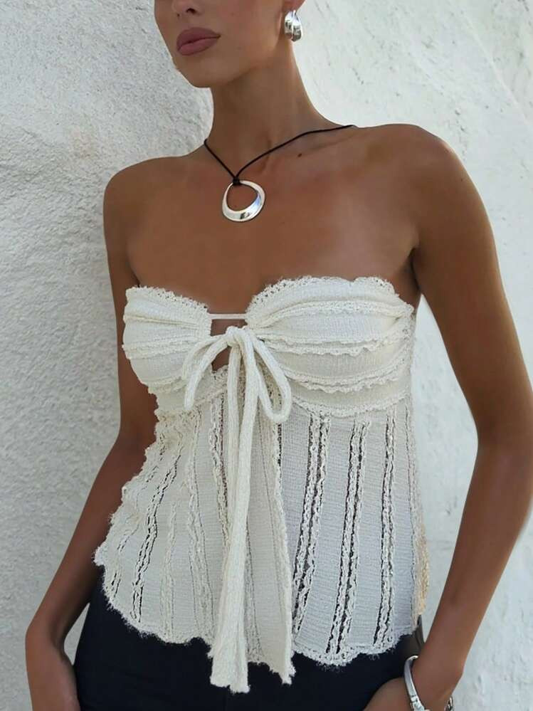 Siren Gaze Women's Solid Color Cold Shoulder Tie-Front Ruffled Textured Top,Concert Outfit Women / Rave Outfits Festival / Country Concert Outfit ,Summer | SHEIN