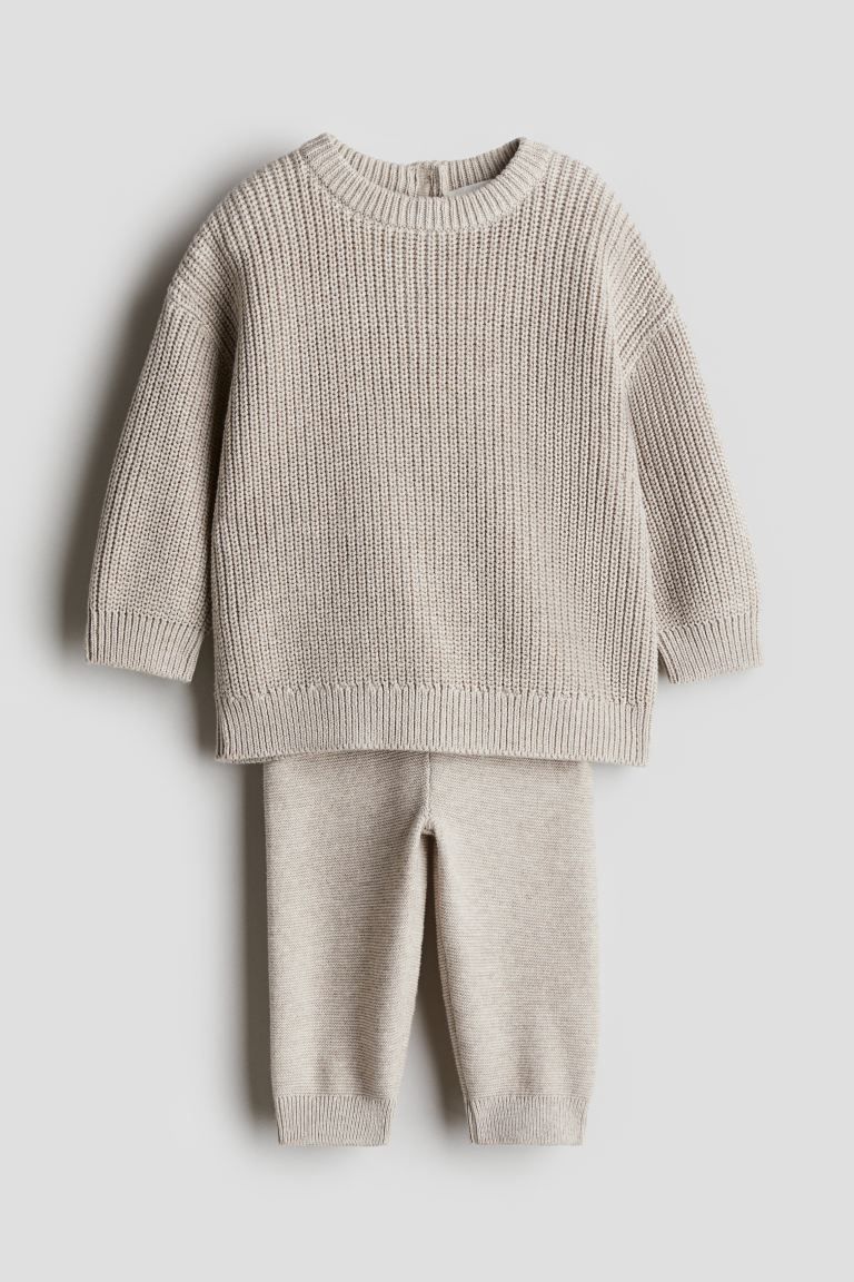 2-piece Cotton Knit Set - Regular waist - Round Neck - Light beige - Kids | H&M US | H&M (US + CA)