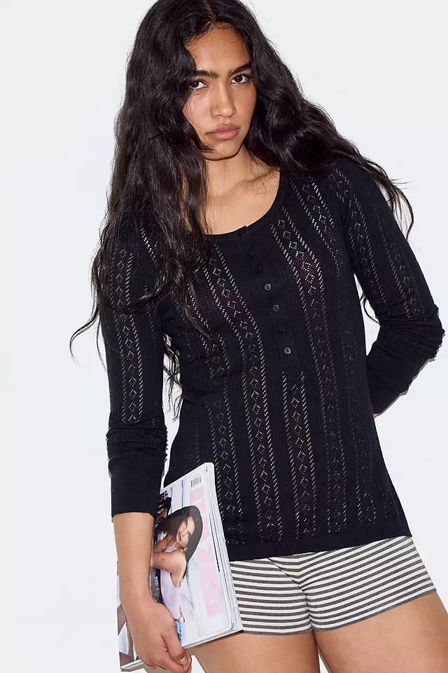 Out From Under Pointelle Henley Top - Ivory L at Urban Outfitters | Urban Outfitters UK