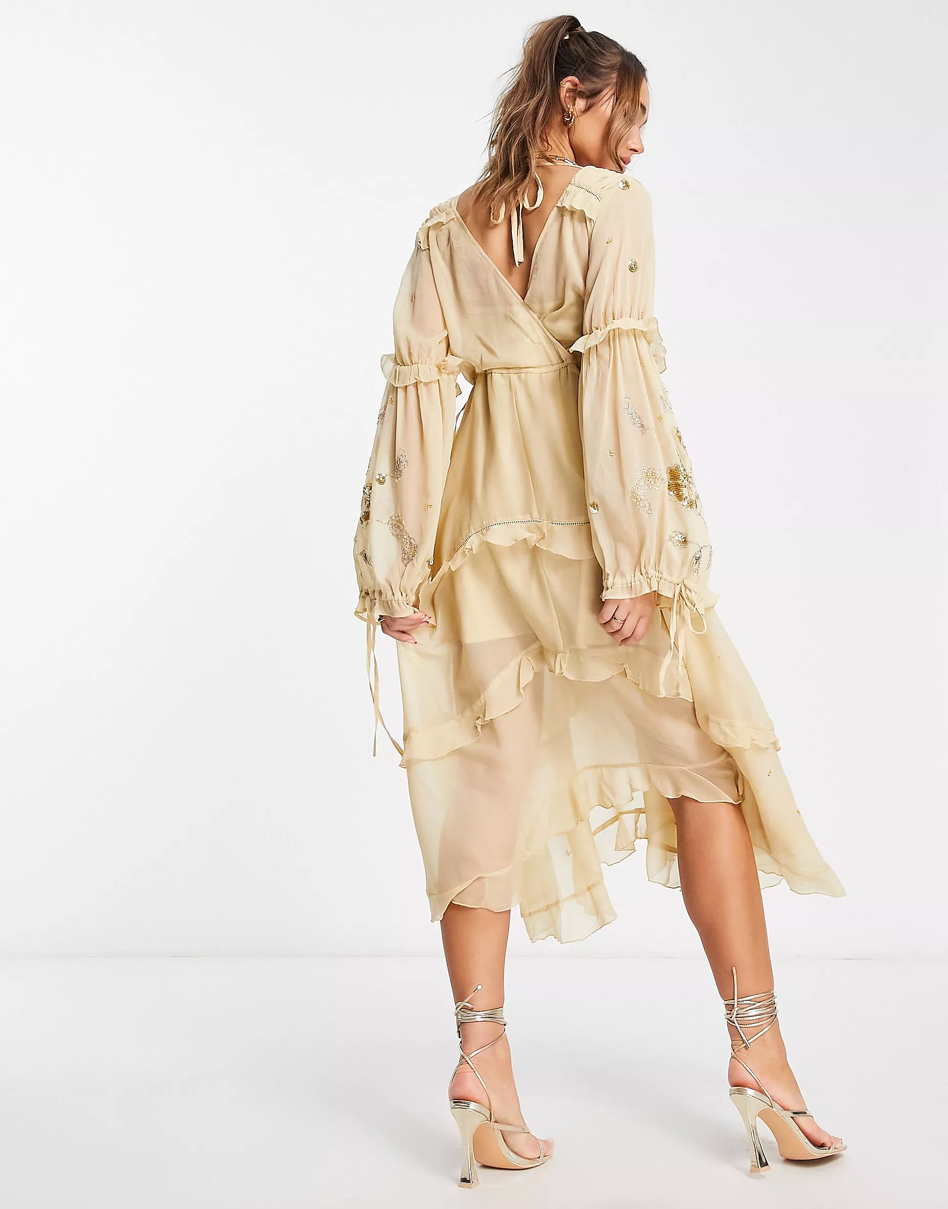 ASOS DESIGN a-line midi dress with cluster embellishment in gold | ASOS (Global)