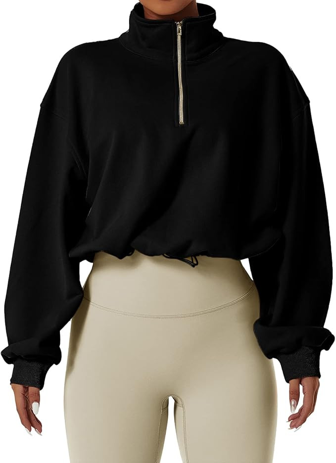 QINSEN Women's Half Zip Crop Sweatshirt High Neck Long Sleeve Pullover Athletic Cropped Tops | Amazon (US)