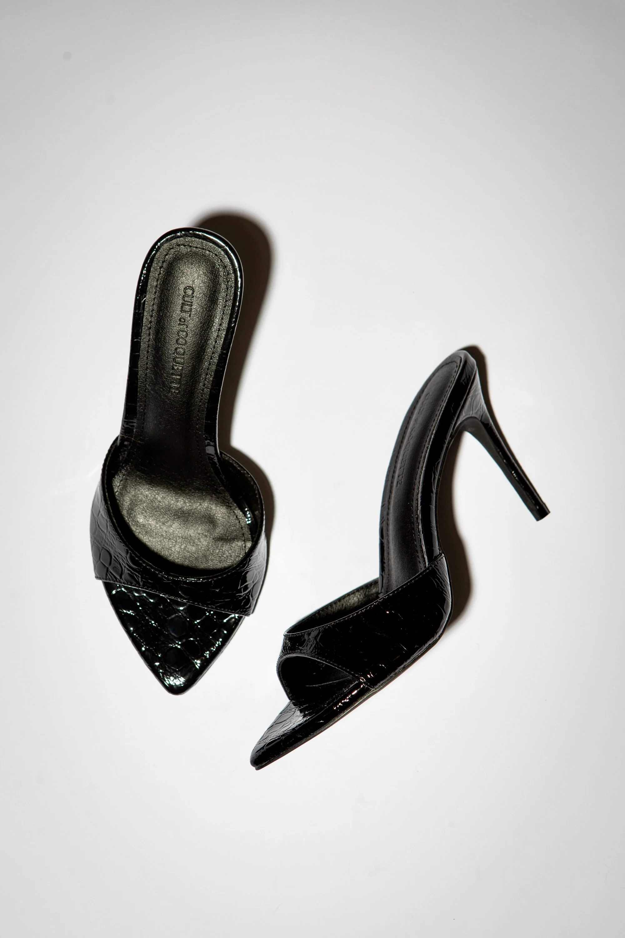 Gia Black Croc Patent Vegan Mules 80 mm | CULT OF COQUETTE
