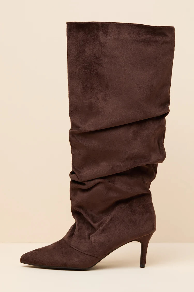 Maggie Brown Suede Pointed-Toe Ruched Knee-High Boots | Lulus