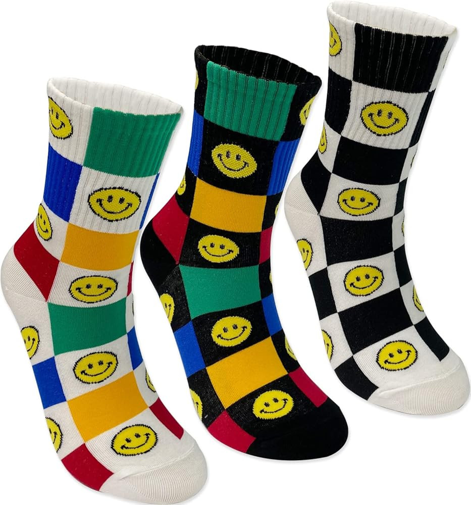holawit Happy Face Fun Design Positive Smile Checkerboard Crew Socks for Women 3P Set | Amazon (US)