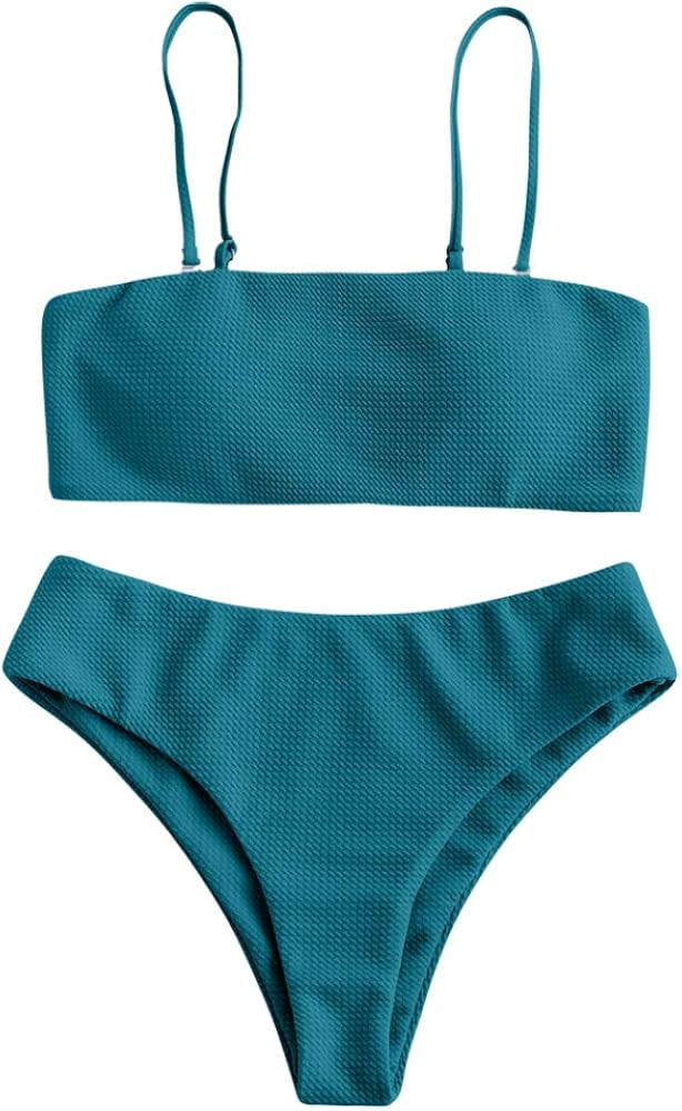 ZAFUL Women's Leopard Print High Cut Two Piece Swimsuit Bandeau Bikini Set | Amazon (US)