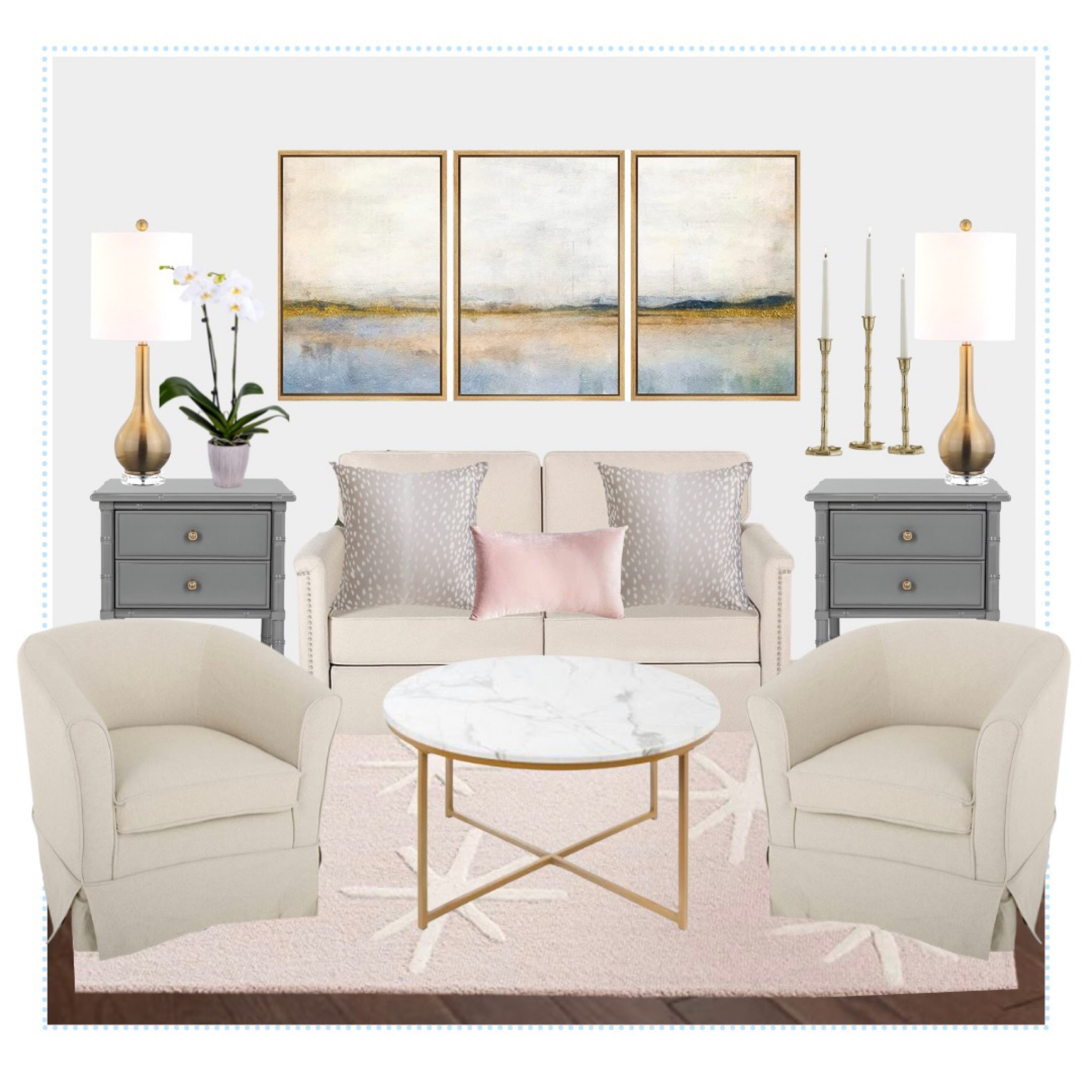 An entire family room design for under $2,000? Yes, please! Loving these finds from Amazon home, including this neutral sofa for under $160. Paired with the neutral swivel chairs, animal print and velvet blush pillows, target faux marble coffee table, framed landscape art, and accessories, you have a beautiful, affordable room for your whole family to enjoy. 

#LTKhome #LTKFind #LTKunder100