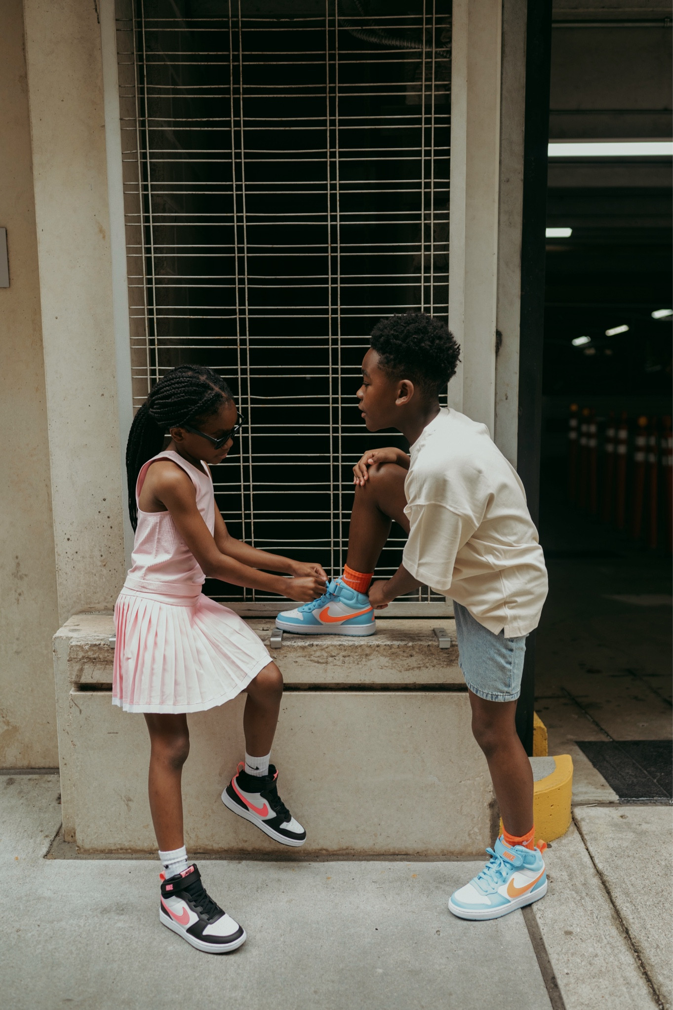 Kids back to school outfits, Nike high top sneakers, girls tennis skirt and top, boys denim shorts and cream tshirt ($4)

#LTKKids #LTKFamily #LTKShoeCrush