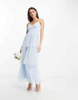 Vila Bridesmaid tulle textured maxi dress with tiered skirt in blue | ASOS (Global)
