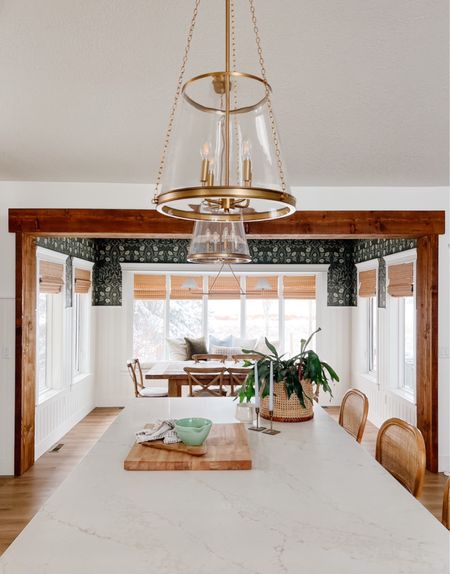 English cottage modern farmhouse dining room wallpaper, bamboo shades, gold cone pendant lights 

#LTKhome