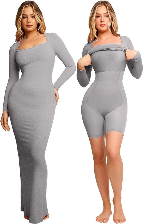 Popilush Shaper Dress Bodycon Maxi/Mini Built in Shapewear Bra 8 in 1 Women Lounge Long Sleeve Dr... | Amazon (US)
