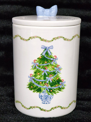Blue & White Christmas Tree Canister 7" Ceramic Chinoiserie Bow Handle Haig Bows | eBay US