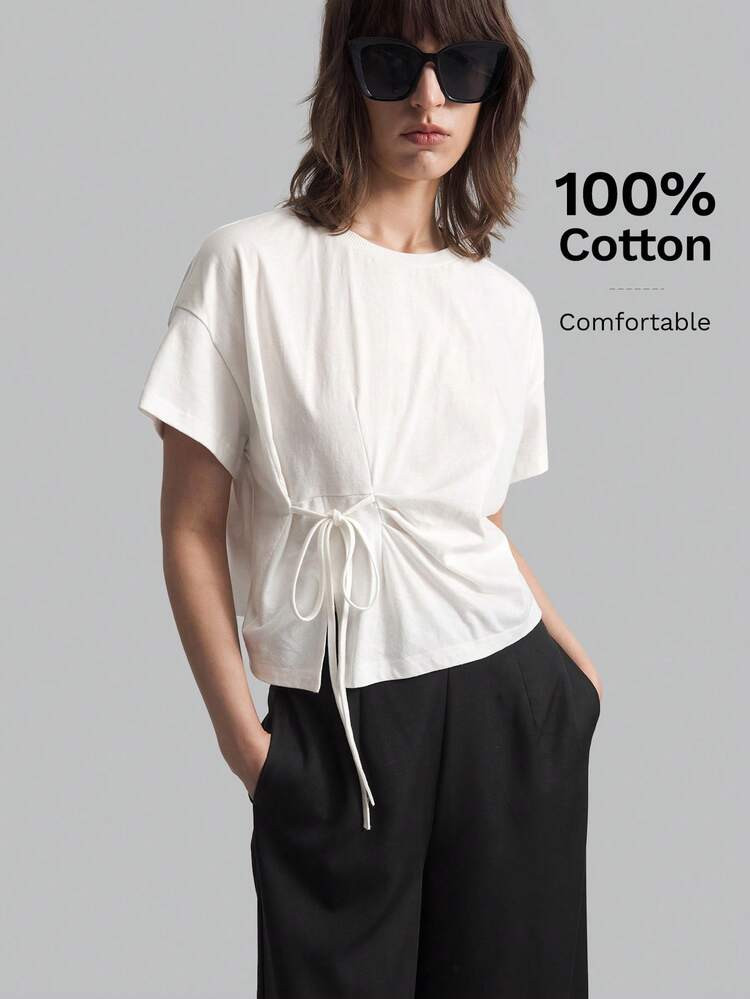 Ontre 2026 Spring/Summer Women Beach/Holiday/Country Music Festival Outfit - Women's White Round Neck Off-Shoulder Short Sleeve Belted Casual T-Shirt, Asymmetric Design Ruched Twist Loose Fit Vintage Style Outerwear, Suitable For Wedding Guest, Teacher, Office Wear, Versatile Women's T-Shirt | SHEIN