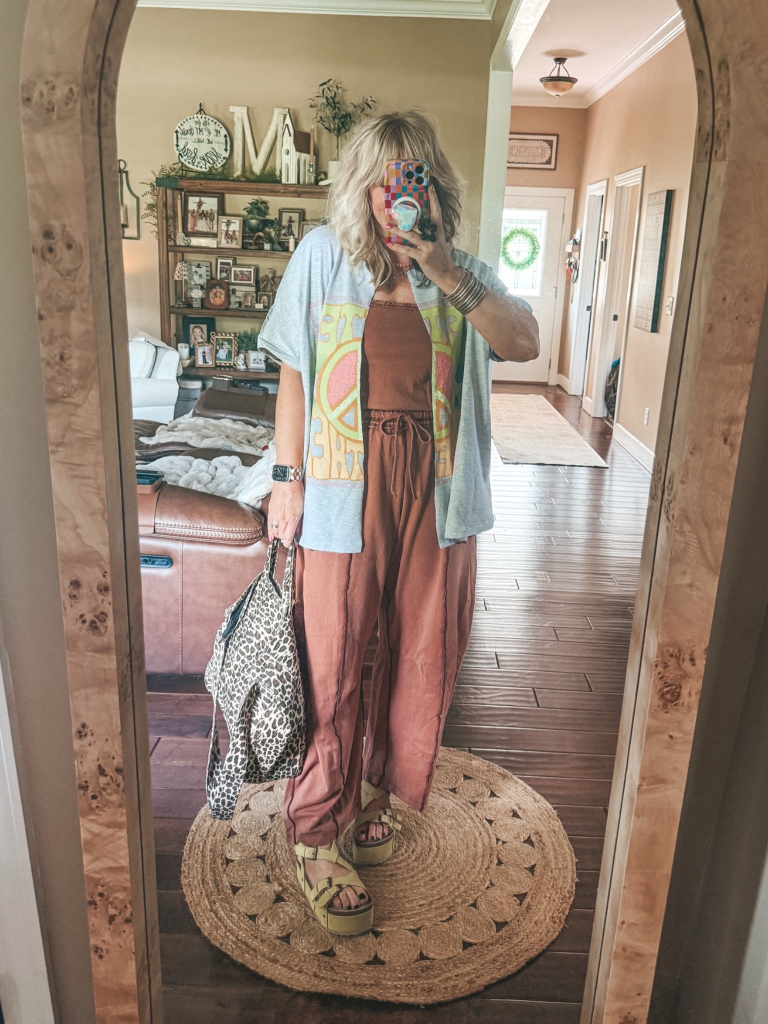 Fun fit and a fun way to cut a tee. Down the middle! 
✨Jumpsuit M 
👚Tee is @shopeverydaychic save with my code Mandie10 
🥑Sandals are true to size

#LTKootd #LTKOver40