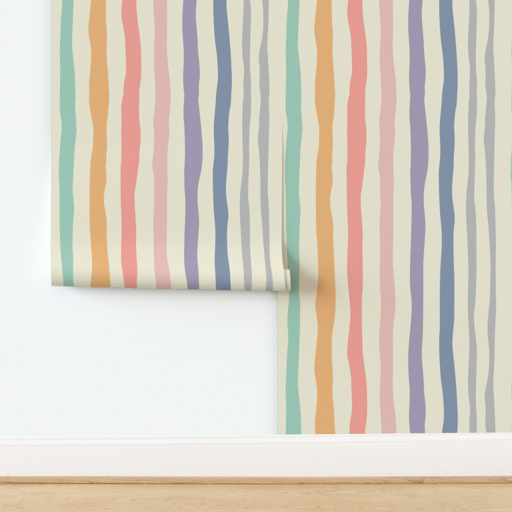 Bold Wavy Stripes -Large - Muted Rainbow Colors - Warm Boho Kids Wallpaper | Spoonflower | Spoonflower