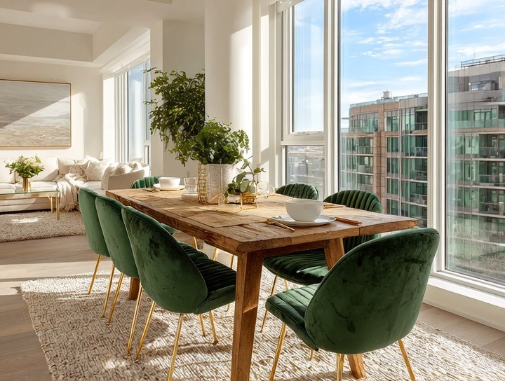 Emerald velvet dining chairs with gold accents pair beautifully with a natural wood dining table and fresh greenery, creating an effortlessly luxurious yet calming dining space. This look brings instant elegance while staying grounded in nature.

In full sunlight, the emerald tones feel serene and balanced, never overpowering. As evening falls, soft lighting transforms the space into a warm, elevated luxury dining room. It’s the perfect blend of modern luxury, natural textures, and timeless design.

A true no-brainer dining table setup—easy to recreate, visually stunning, and perfect for high-rise living, modern homes, and contemporary interiors.

#EmeraldVelvet #LuxuryDiningRoom #ModernDiningDecor #NaturalWoodFurniture #GoldAccentDecor #HighRiseLiving #HomeDecorInspo #InteriorDesignIdeas #TimelessHomeDecor #ModernLuxuryHome #DesignerInspiredInteriors #ElegantDining #GreeneryAtHome #StatementDiningTable 

 #LTKHome