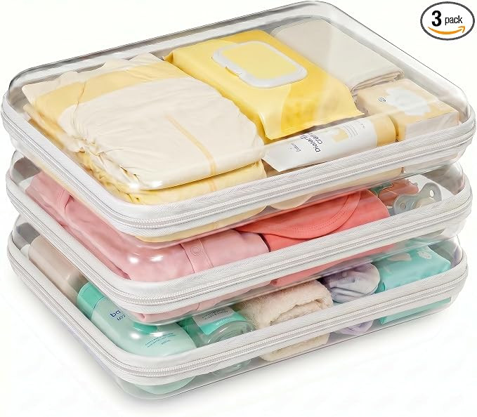 3 Pack Large Clear Hard Shell Zipper Case, Diaper Bag Organizer Pouches, Water-Resistant Travel T... | Amazon (US)