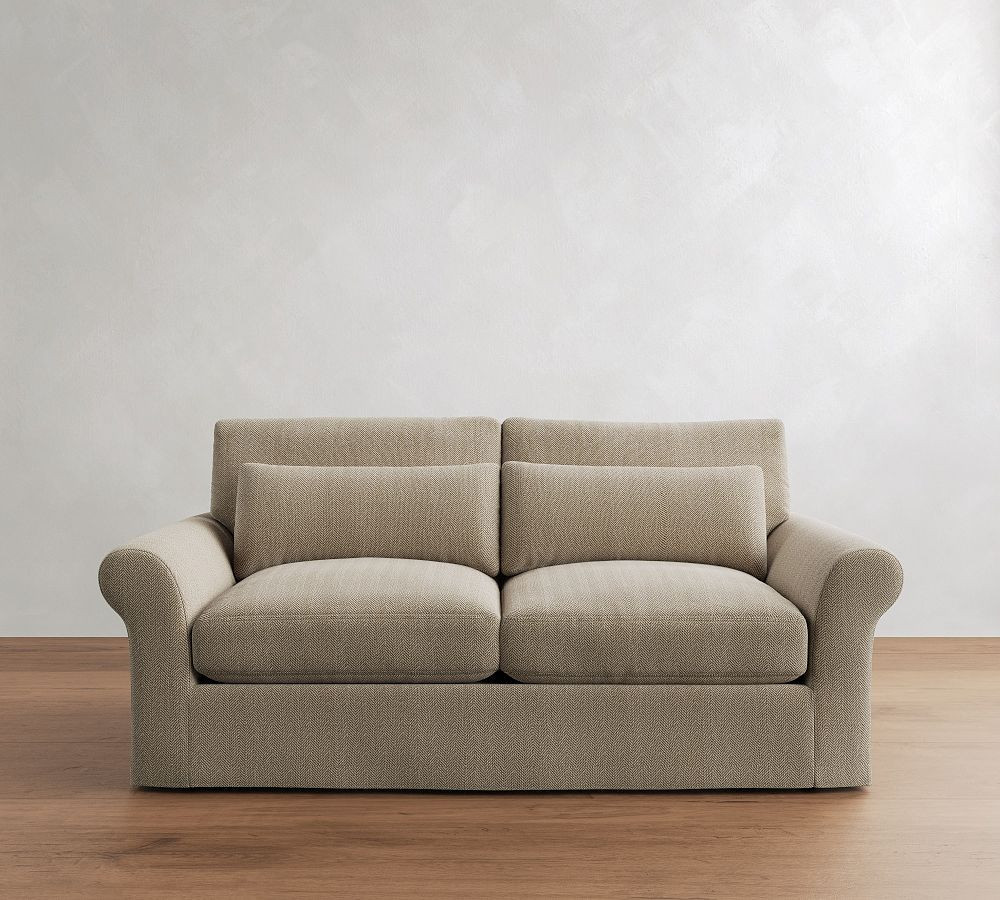 PB Comfort Modern Roll Arm Slipcovered Deep Seat Sofa 82" 2x2, Down Blend Wrapped Cushions, Sunbrella(R) Performance Herringbone Light Gray | Pottery Barn (US)