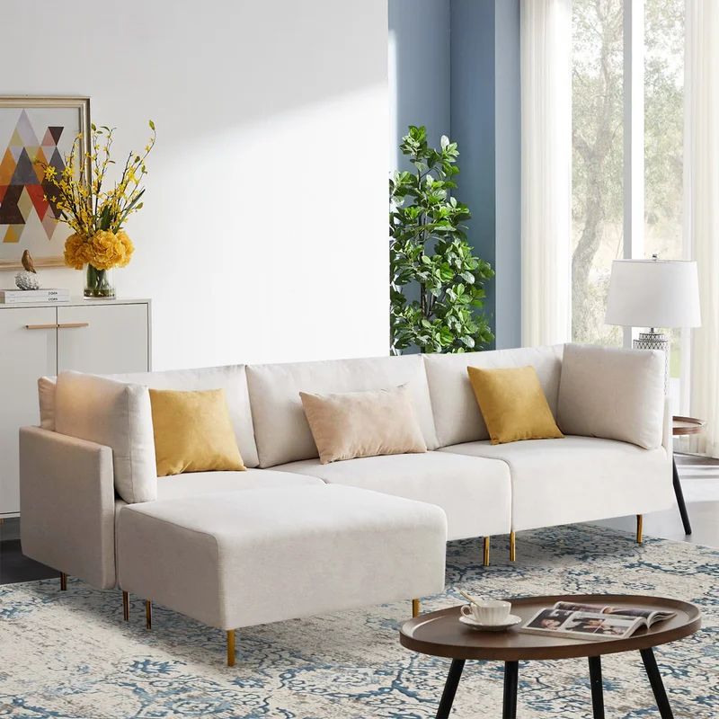 Scoville 108.3" Wide Linen Reversible Modular Sofa & Chaise With Ottoman | Wayfair North America