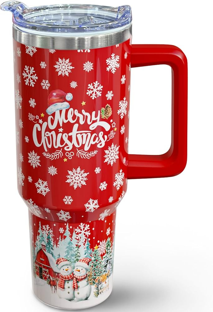 Christmas Tumbler 40 oz Xmas Tumblers with Handle and Straw Farmhouse Red Snowman Stainless Steel... | Amazon (US)