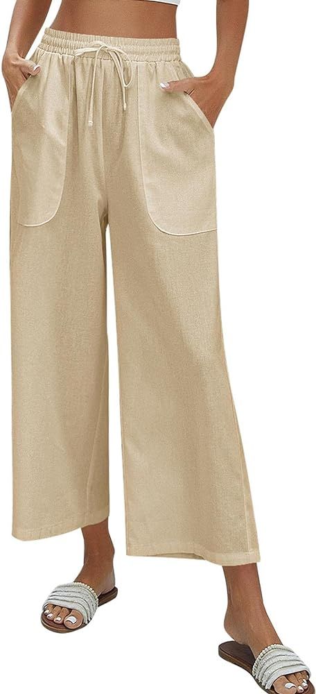 Zeagoo Women Cotton Linen Pants High Waisted Wide Leg Long Lounge Palazzo Pants Trousers with Poc... | Amazon (US)