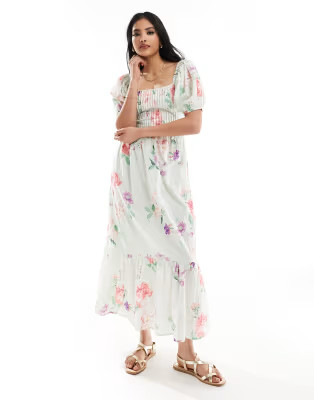 ASOS DESIGN cotton textured midi dress with lace up back in floral print | ASOS (Global)