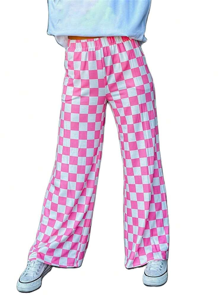 Women 2025 Wide-Leg Pants Checkerboard Elastic Waist Loose Trousers Spring Summer Casual Sweatpan... | SHEIN