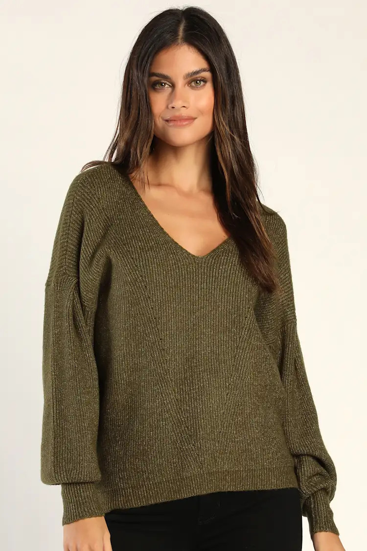Evenings by the Fire Heather Olive Green V-Neck Sweater | Lulus (US)