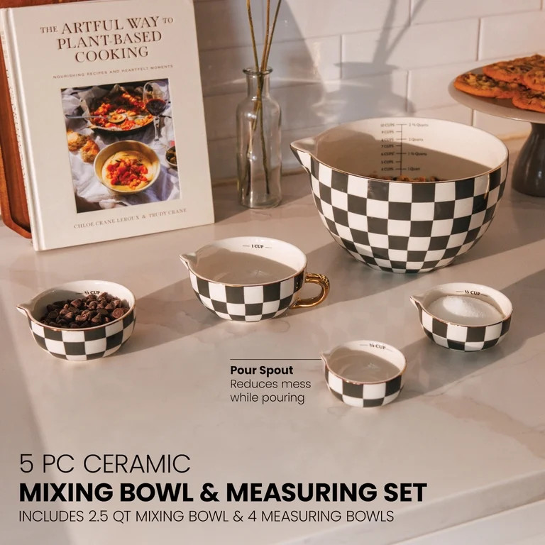 Thyme & Table 5-Piece Ceramic Mixing Bowl and Measuring Set - Green Checkered | Walmart (US)