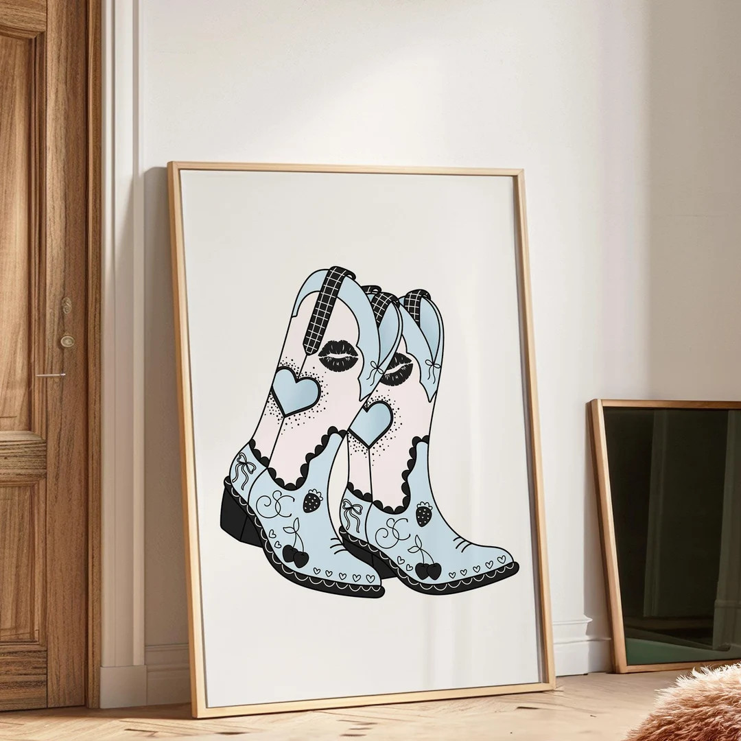 Sabrina Cowboy Boots Wall Art SC Singer Western Painting Cow Girl Country Music Poster Pastel Blu... | Etsy (US)