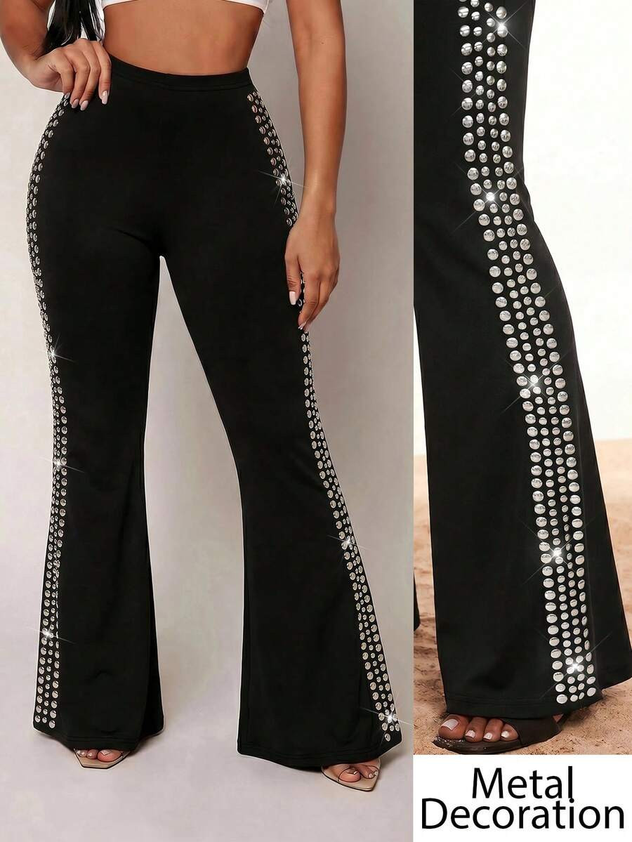 SHEIN SXY Plus-Size Women's Black High-Elastic Knit High-Waist Flared Trousers With Metallic Side... | SHEIN