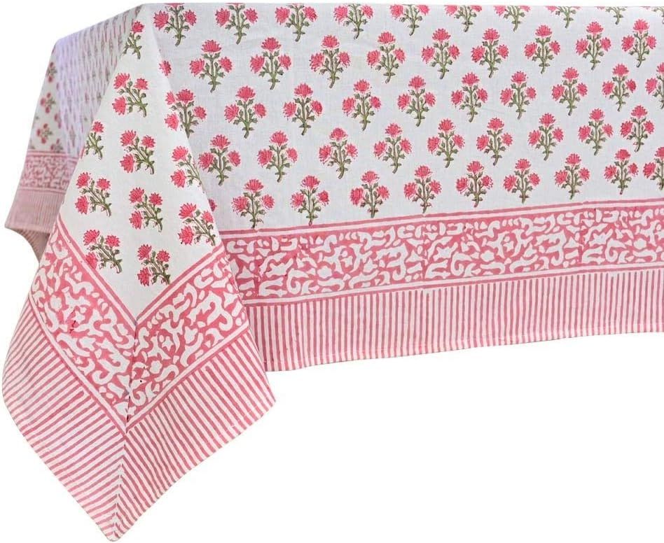 ATOSII Gulbahar White Pink 100% Cotton Tablecloth, Hand Block Print Floral Rectangle Table Cloth ... | Amazon (US)