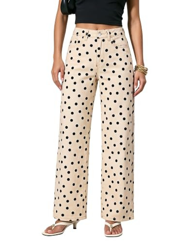 GRAPENT Wide Leg Stretchy Jeans Beige Black Polka Dot Small US Size 4-6 | Amazon (US)