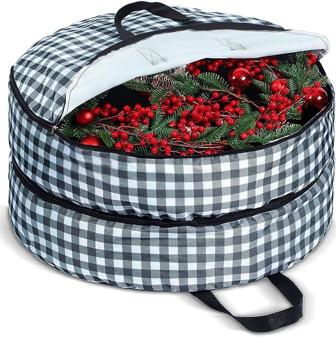 Double Christmas Wreath Storage Bag 30 Inch Buffalo Plaid Wreath Storage Container Seasonal Garla... | Amazon (US)