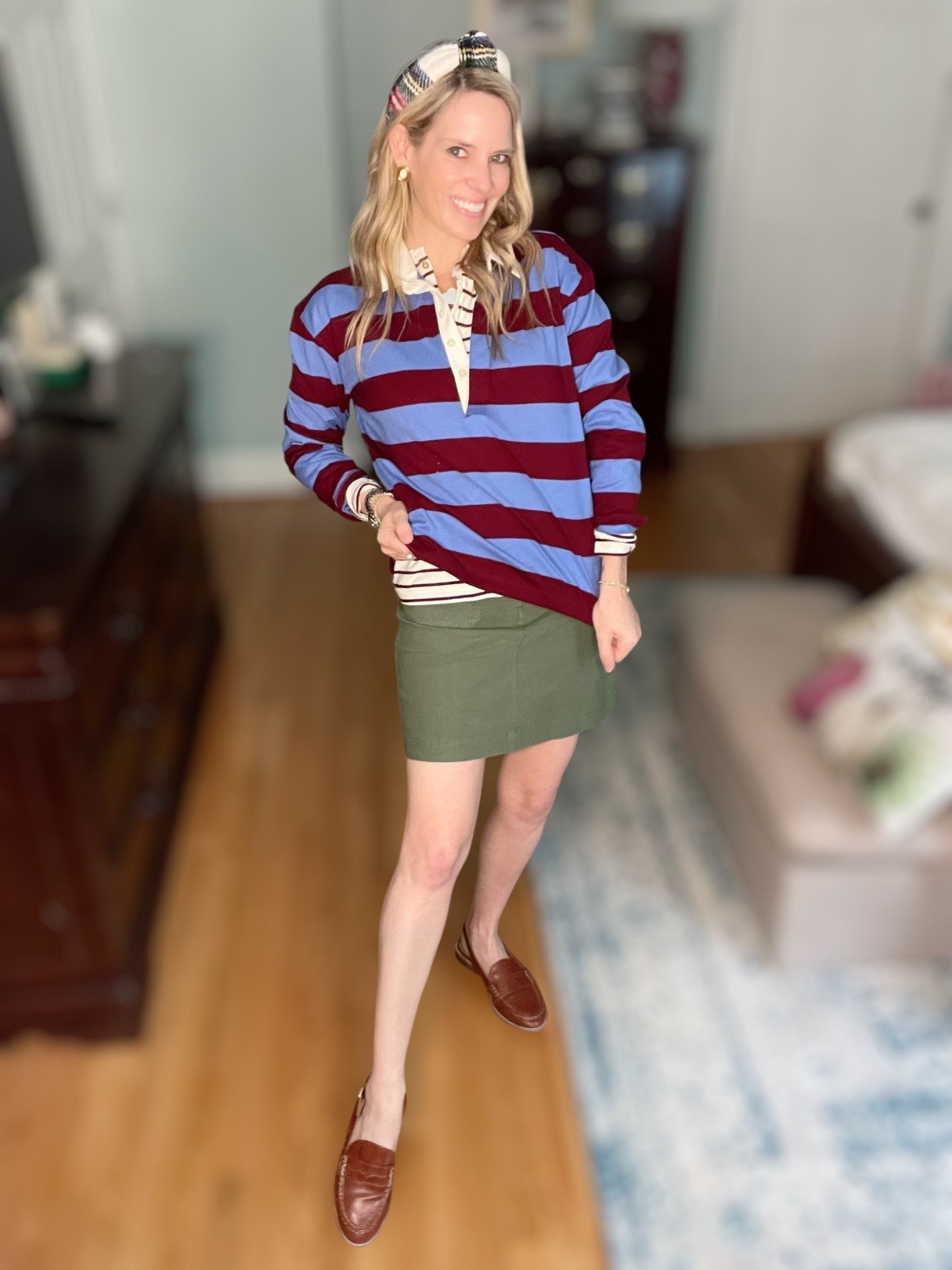 ✨ Use code PREPPYREBEL for 10% off Melinda Maria jewelry + free gift with purchase! ✨

This look is a perfect mix of preppy fall layers and classic wardrobe staples 🍂 The Striped Rugby Shirt ($54.50) gives that collegiate vibe and pairs so well with the Lizzie Patch-Pocket Mini Skirt ($46.50) in olive green. I layered the Striped Ruffle-Collar Henley ($39.50) underneath for extra detail at the neckline and cuffs.

To finish the outfit, I added timeless accessories: Target Joan Loafer Slingback Flats ($30), a tartan padded headband ($22 Amazon find!), and chic gold jewelry from Melinda Maria for a polished touch. It’s a look that blends affordable fashion finds with luxe details—great for work, weekend brunch, or a casual holiday get-together.

👗 Fit: All pieces run true to size. Rugby shirt has a relaxed fit for layering.
🛍️ Linking everything below!

#jcrewfactory #ltkfallfashion #preppystyle #ltkstyle #falloutfitideas #rugbyshirt #miniskirtstyle #MelindaMaria


#LTKFindsUnder100 #LTKOver40 #LTKFindsUnder50