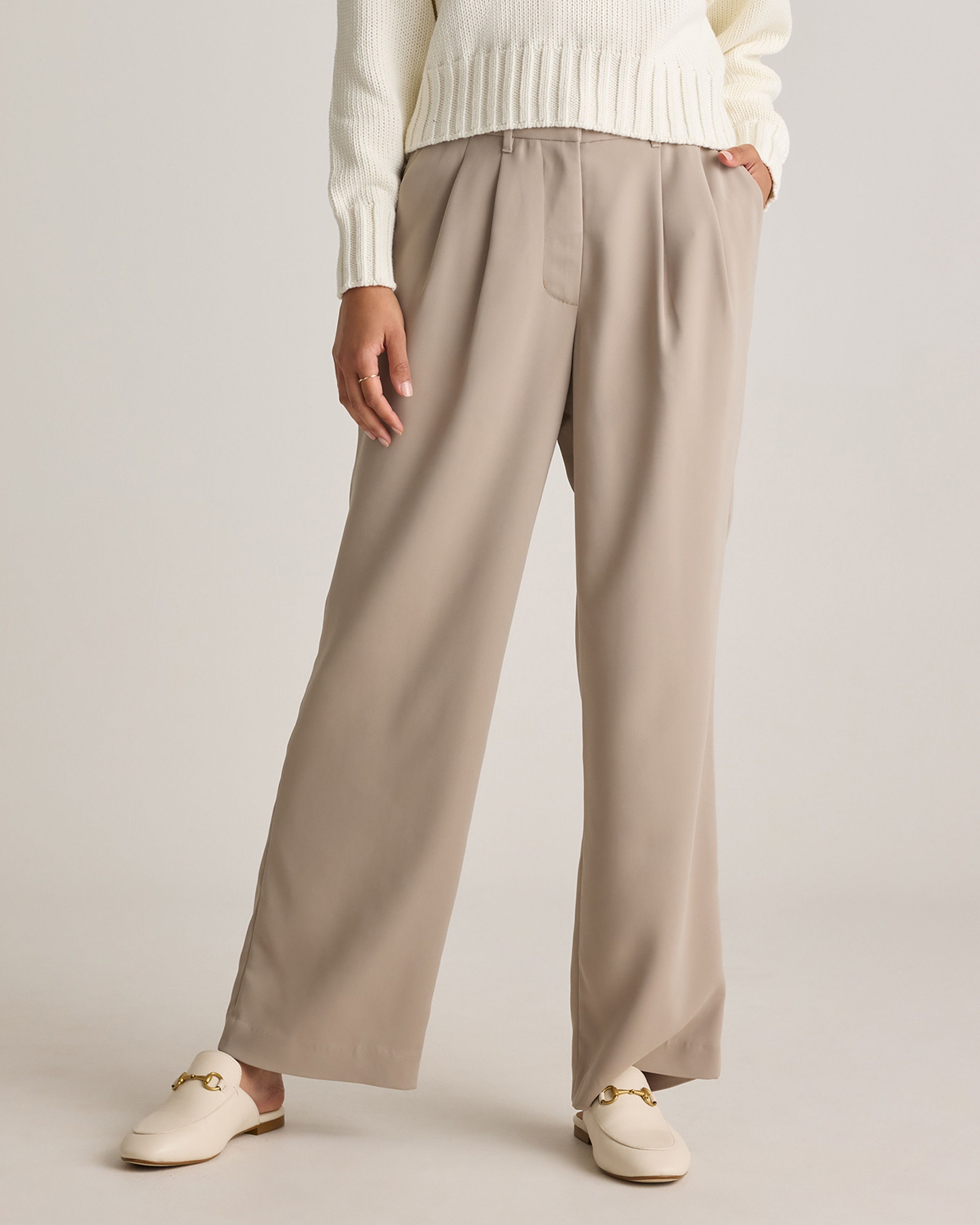 Quince | Women's Stretch Crepe Pleated Wide Leg Pants in Morel Grey, Size 14, Recycled Polyester | Quince