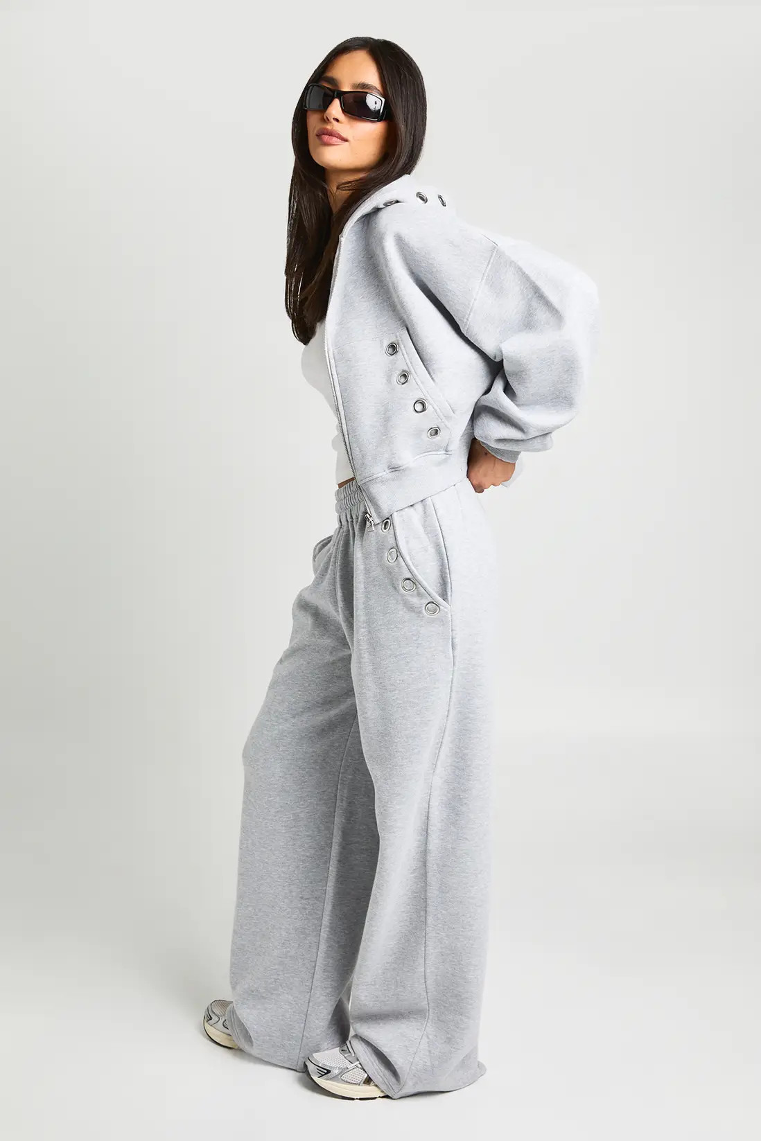 Grey Marl Eyelet Detail Zip Through Boxy Hoodie | Boohoo | Boohoo.com (UK & IE)
