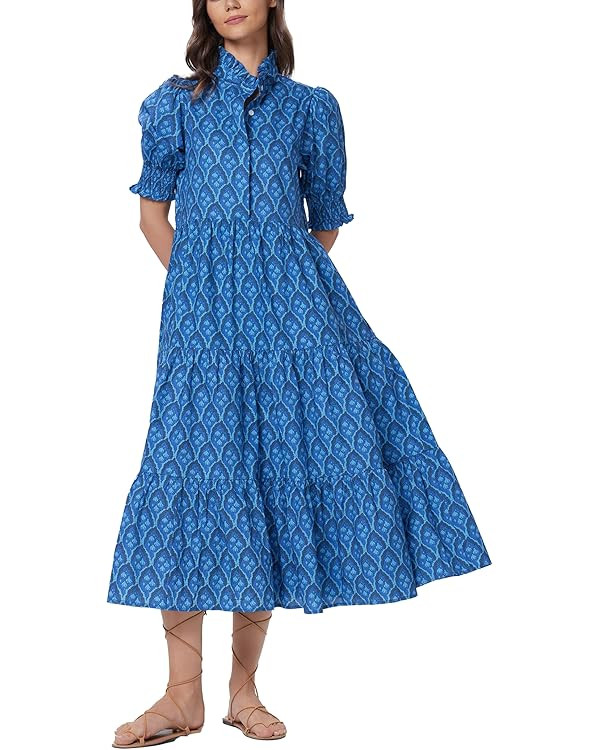 D-Sun Women Floral V-Neck Maxi Dress Button Down Printed Short Puff Sleeve Tiered Collared Flowy ... | Amazon (US)